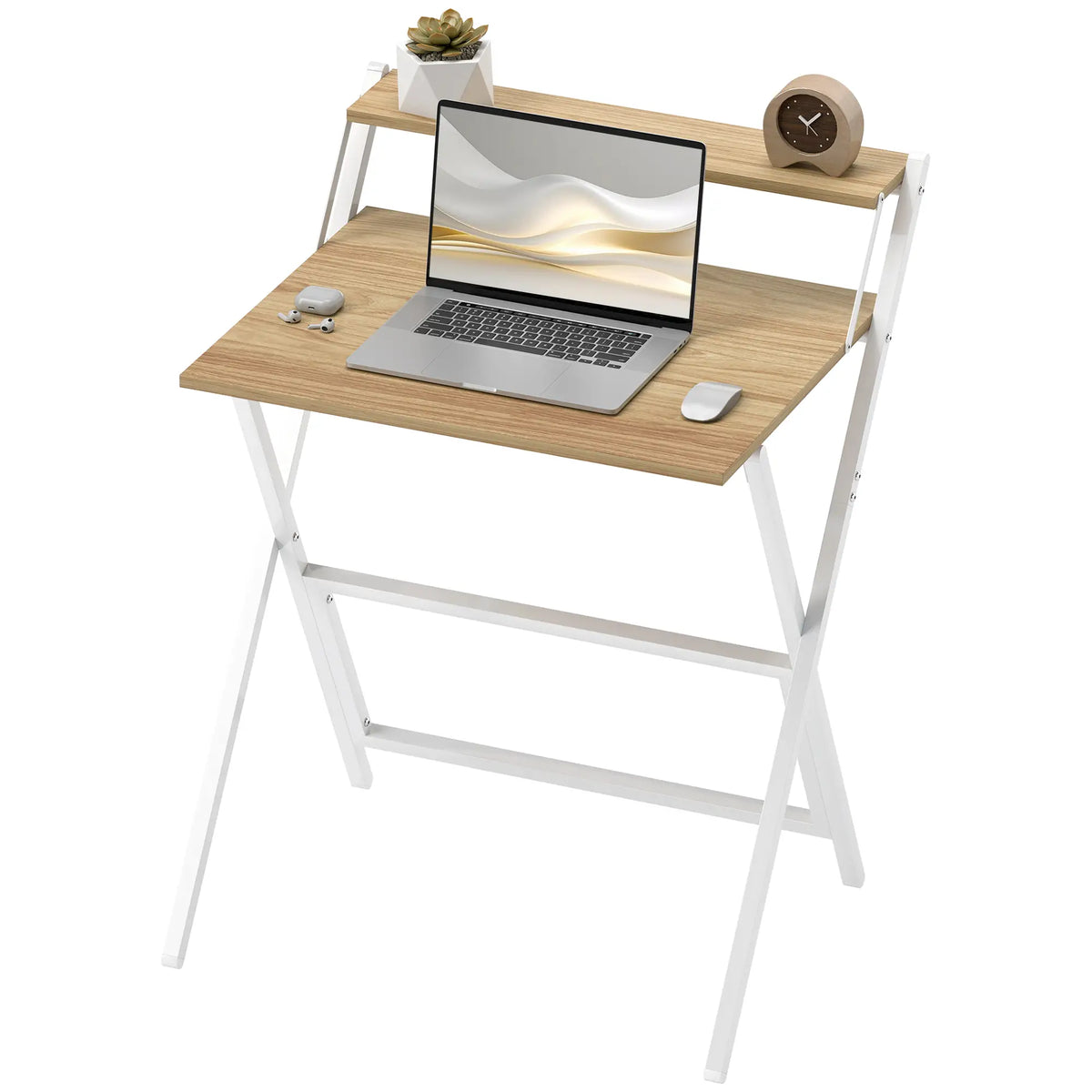 Folding Computer Desk, 27.6" Foldable Desk with Monitor Shelf, Natural Wood Writing Desks Multi Colour at Gallery Canada