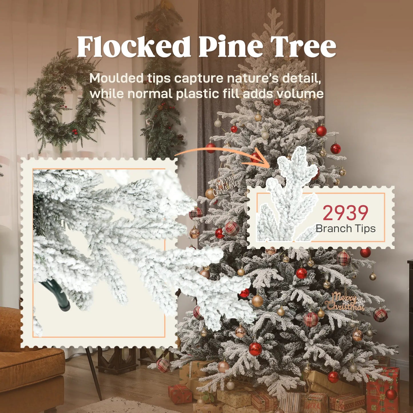 7ft Artificial Flocked Christmas Tree, Full Snow Pine, Hinged with Metal Stand Artificial Christmas Trees at Gallery Canada