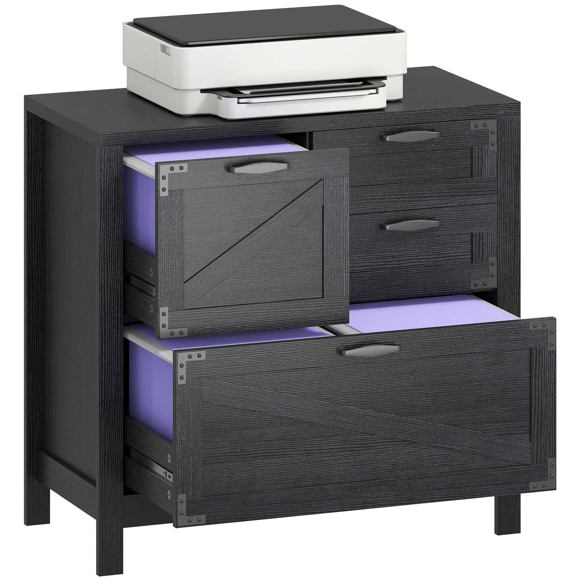 Lateral Filing Cabinet, 4 Drawers, Fits Letter/A4/Legal Files, Black Wood Grain, Black Office Cabinets & Cupboards at Gallery Canada
