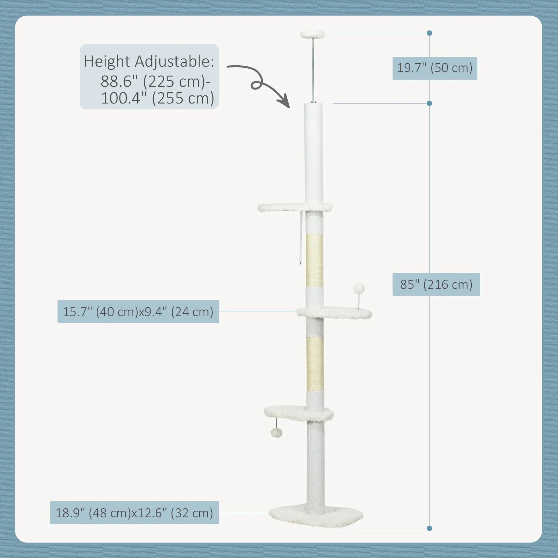 88.5"-100.5" Floor to Ceiling Cat Tree, Scratching Posts, Cloud Platforms, Dangling Balls, White Floor to Ceiling Cat Trees at Gallery Canada