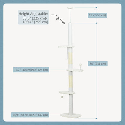 88.5"-100.5" Floor to Ceiling Cat Tree, Scratching Posts, Cloud Platforms, Dangling Balls, White Floor to Ceiling Cat Trees at Gallery Canada
