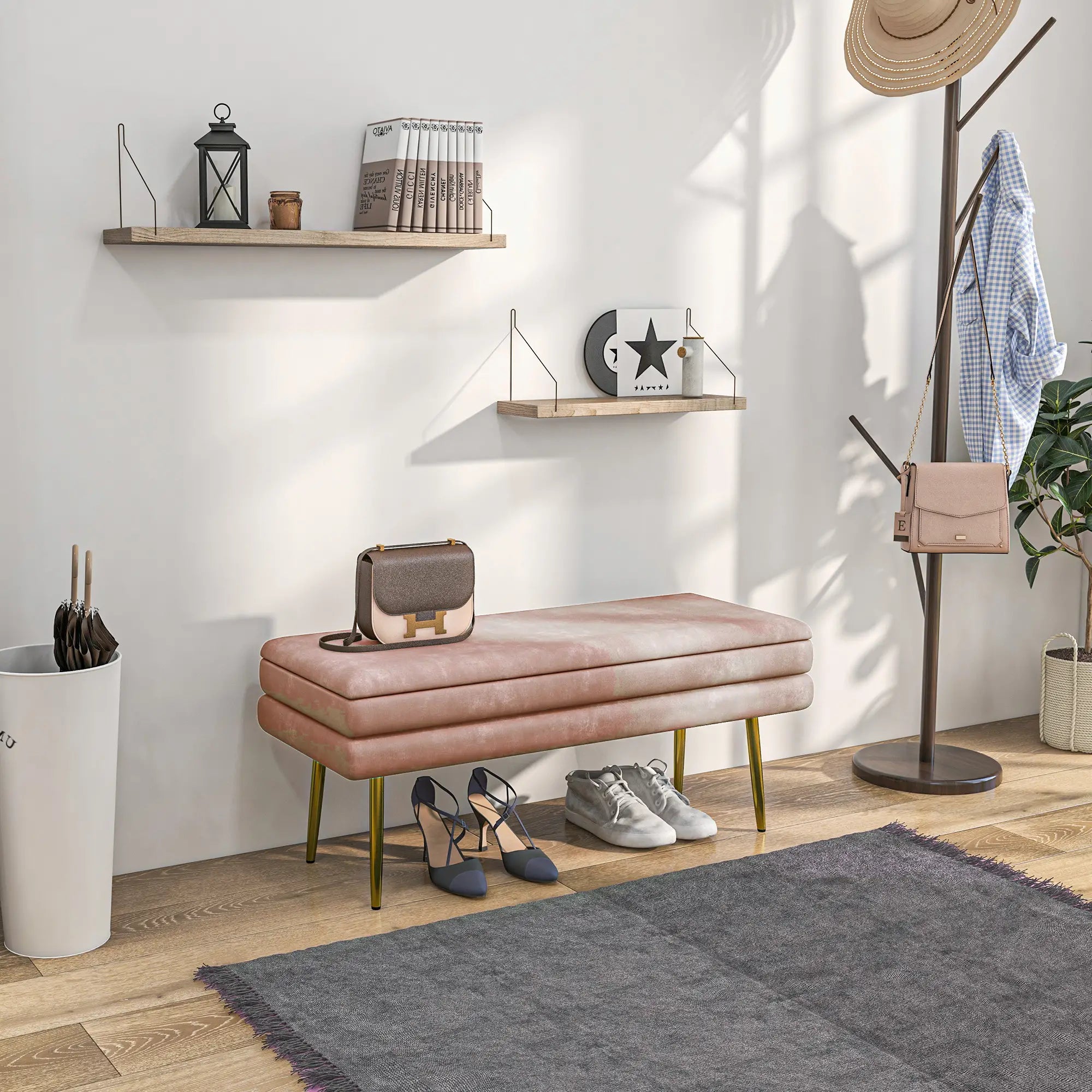 Velvet Upholstered Bench, Thick Padded Seat, Steel Legs, Pink Storage Ottomans & Benches at Gallery Canada
