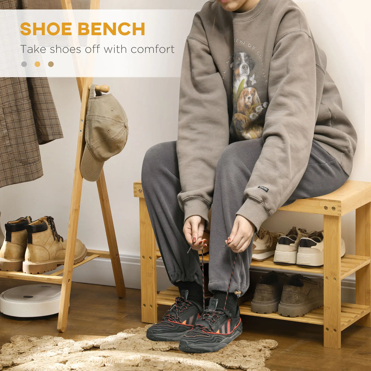 Banc à chaussures en bambou à 3 niveaux, bois naturel, 2 étagères