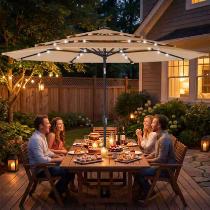 9.3 ft Patio Umbrella With Solar LED Lights, Cover, Tilt, Crank, Khaki Sun Umbrellas at Gallery Canada
