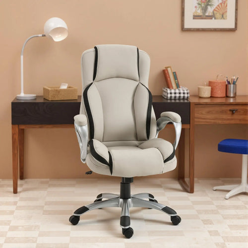 PU Leather Executive Office Chair, Height Adjustable Swivel, Black, Greige