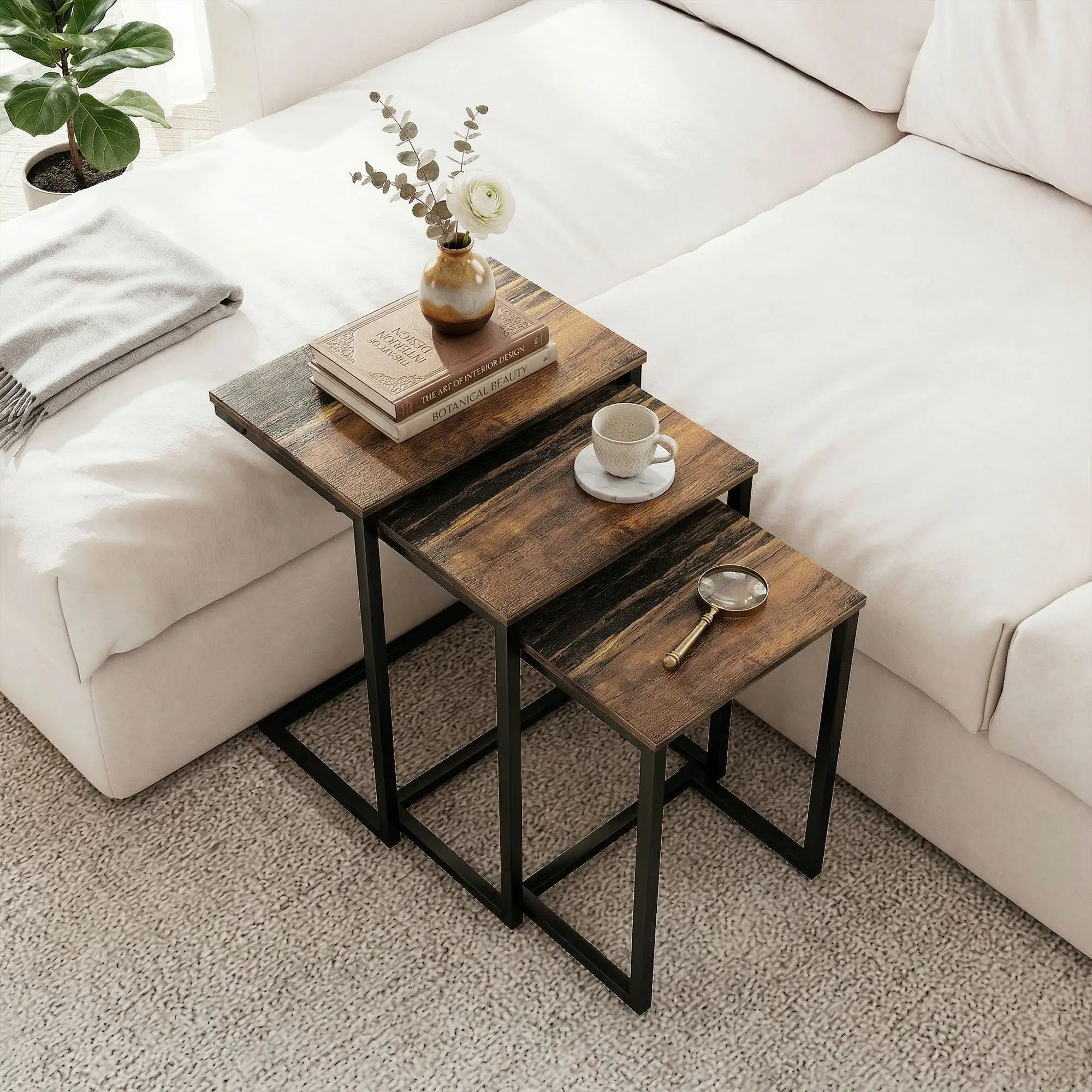 Nesting End Tables Set of 3, Industrial C-Shaped Side Table, Rustic Brown, Brown Side Tables at Gallery Canada