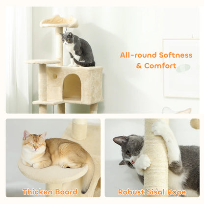 63 Inch Cat Tree, Sisal Scratching Posts, Condos, Perches, Hammock, Ladder, Beige