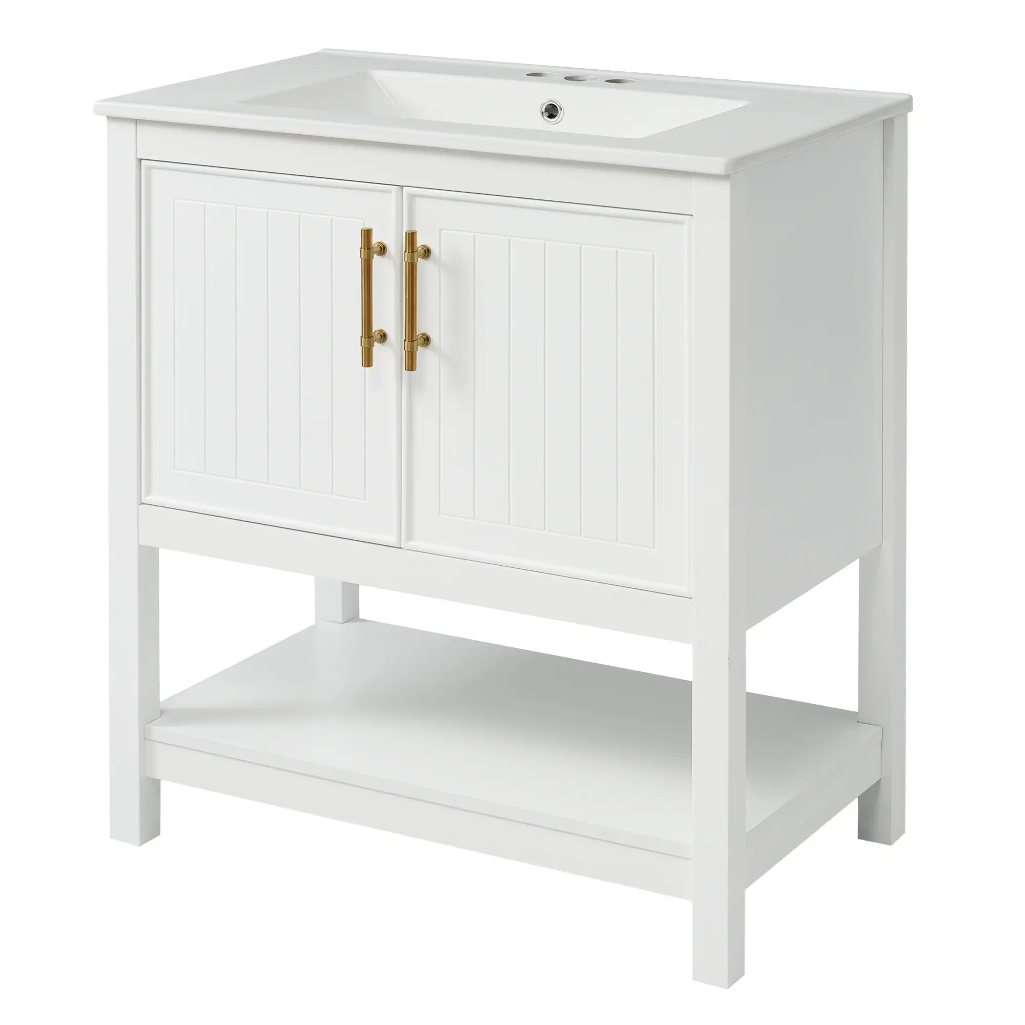 Bathroom Vanity with Ceramic Sink, Gold Handles, Soft Close Doors, 30
