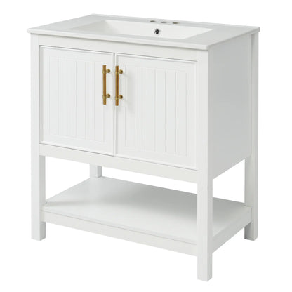 Bathroom Vanity with Ceramic Sink, Gold Handles, Soft Close Doors, 30" L x 18.5" W x 34" H, White Sink Cabinets at Gallery Canada