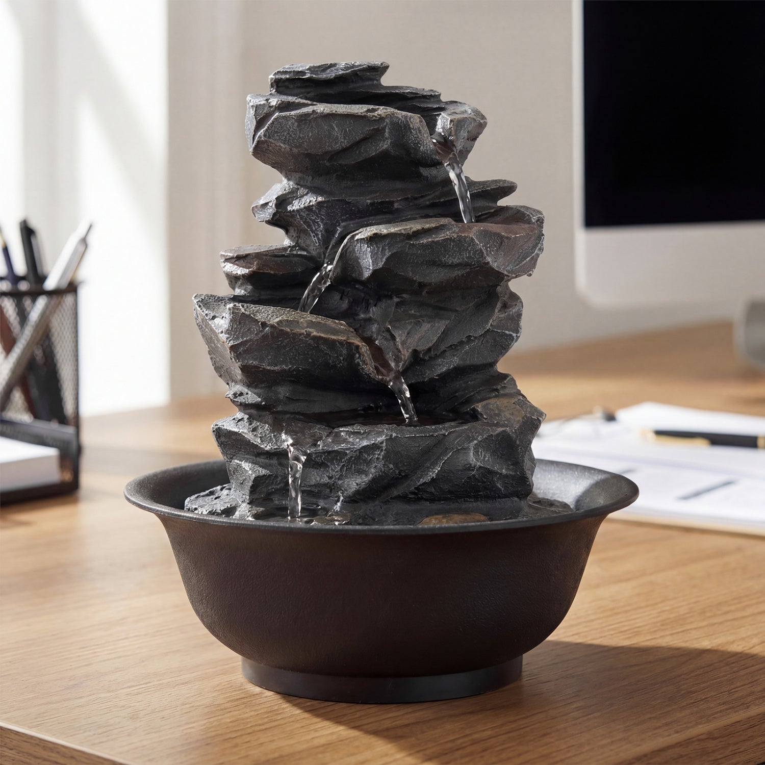 Tabletop Water Fountain With LED Light, Desktop Cascading Water Feature, Black Decorative Accessories at Gallery Canada