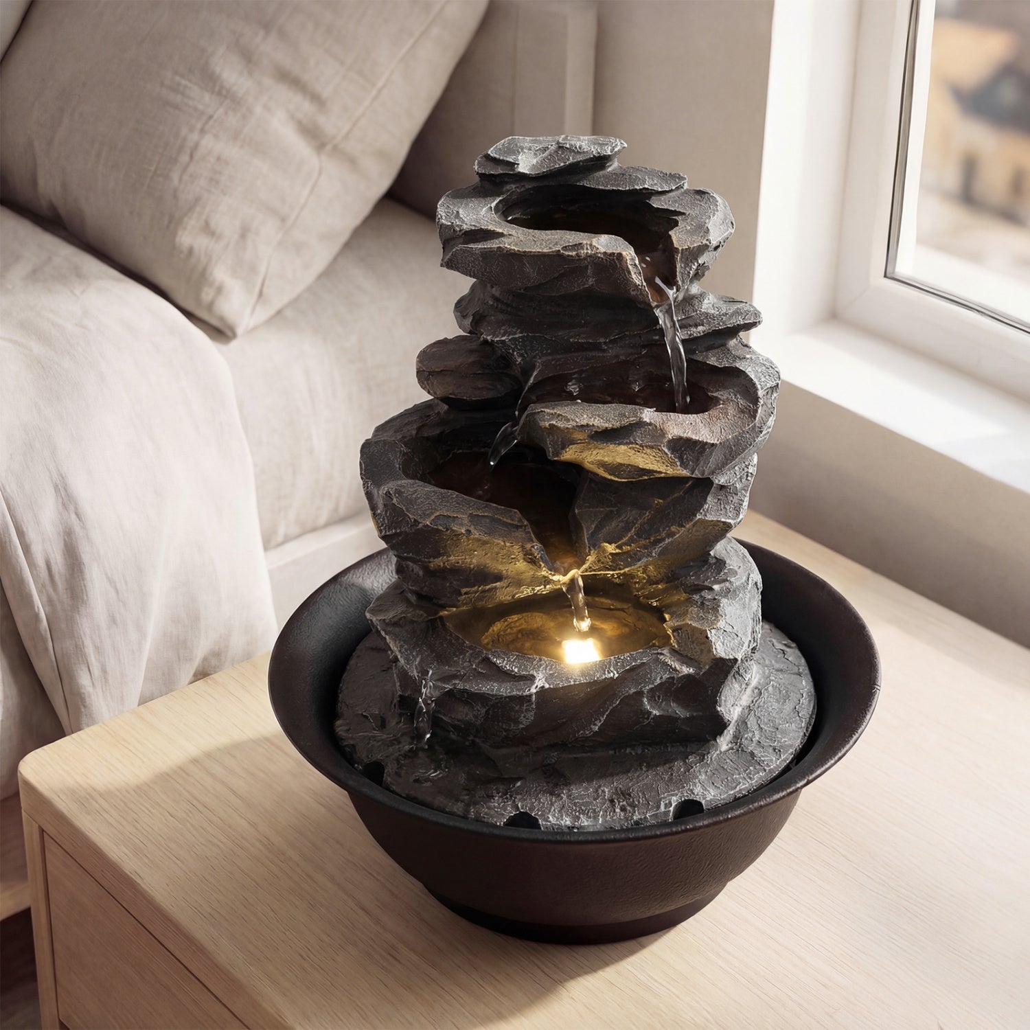 Tabletop Water Fountain With LED Light, Desktop Cascading Water Feature, Black Decorative Accessories at Gallery Canada
