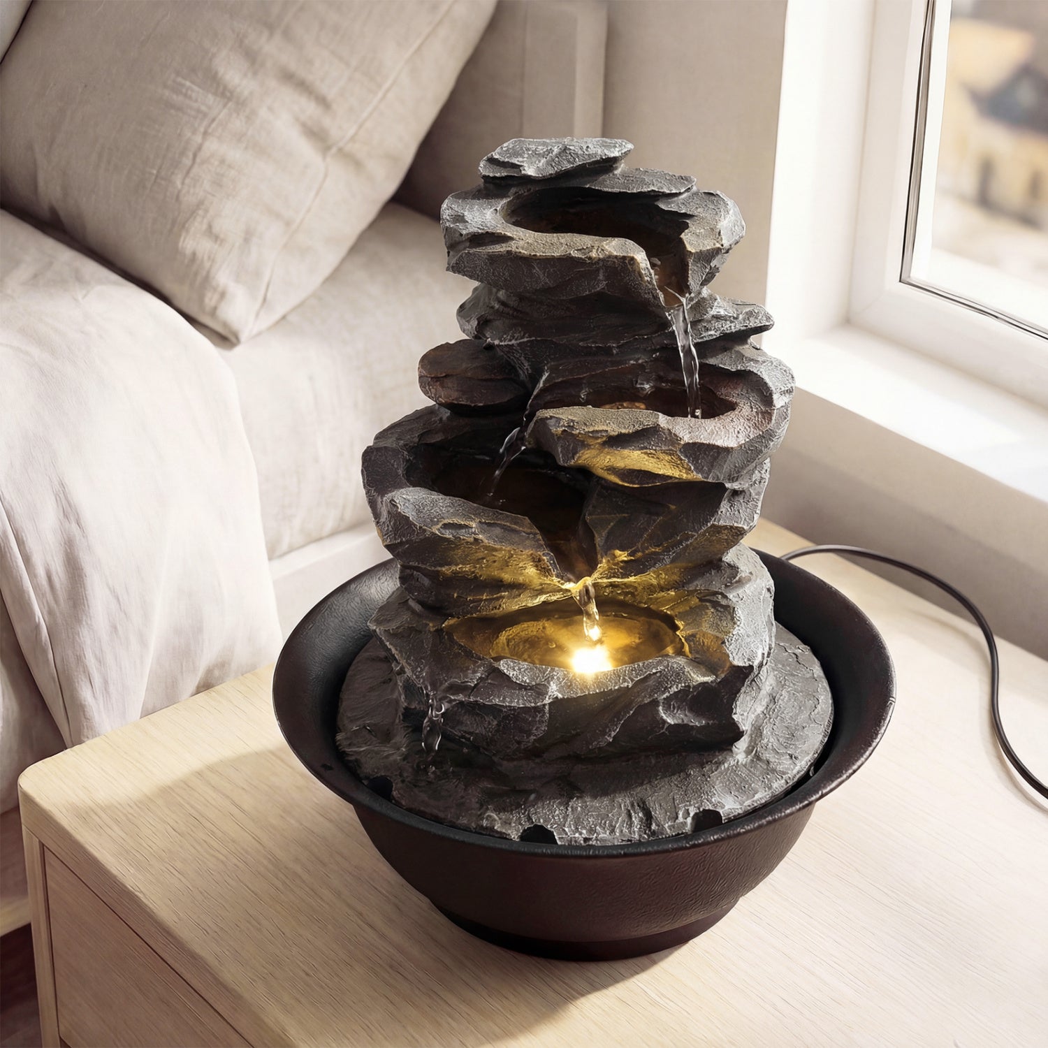 Tabletop Water Fountain With LED Light, Desktop Cascading Water Feature, Black Decorative Accessories at Gallery Canada