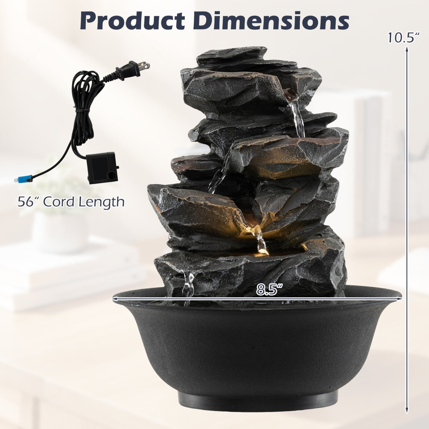Tabletop Water Fountain With LED Light, Desktop Cascading Water Feature, Black Decorative Accessories at Gallery Canada