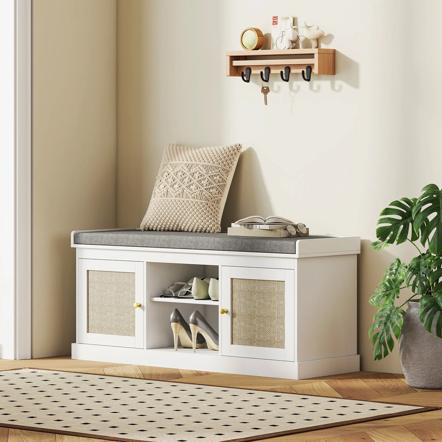 Shoe Bench with Padded Cushion, Boho Entryway, Rattan Doors, Adjustable Shelves, White Shoe Storage Cabinets & Racks at Gallery Canada