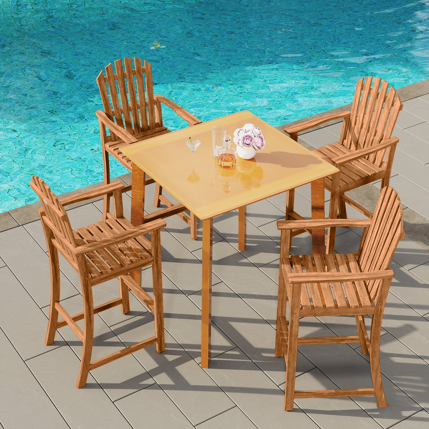 Tall Adirondack Chair with Armrests and Footrest for Deck, Natural