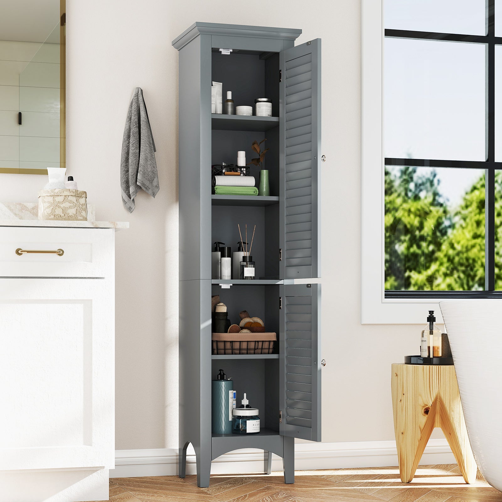 Tall Bathroom Floor Cabinet, Shutter Doors, Adjustable Shelf, Gray Floor Cabinets at Gallery Canada