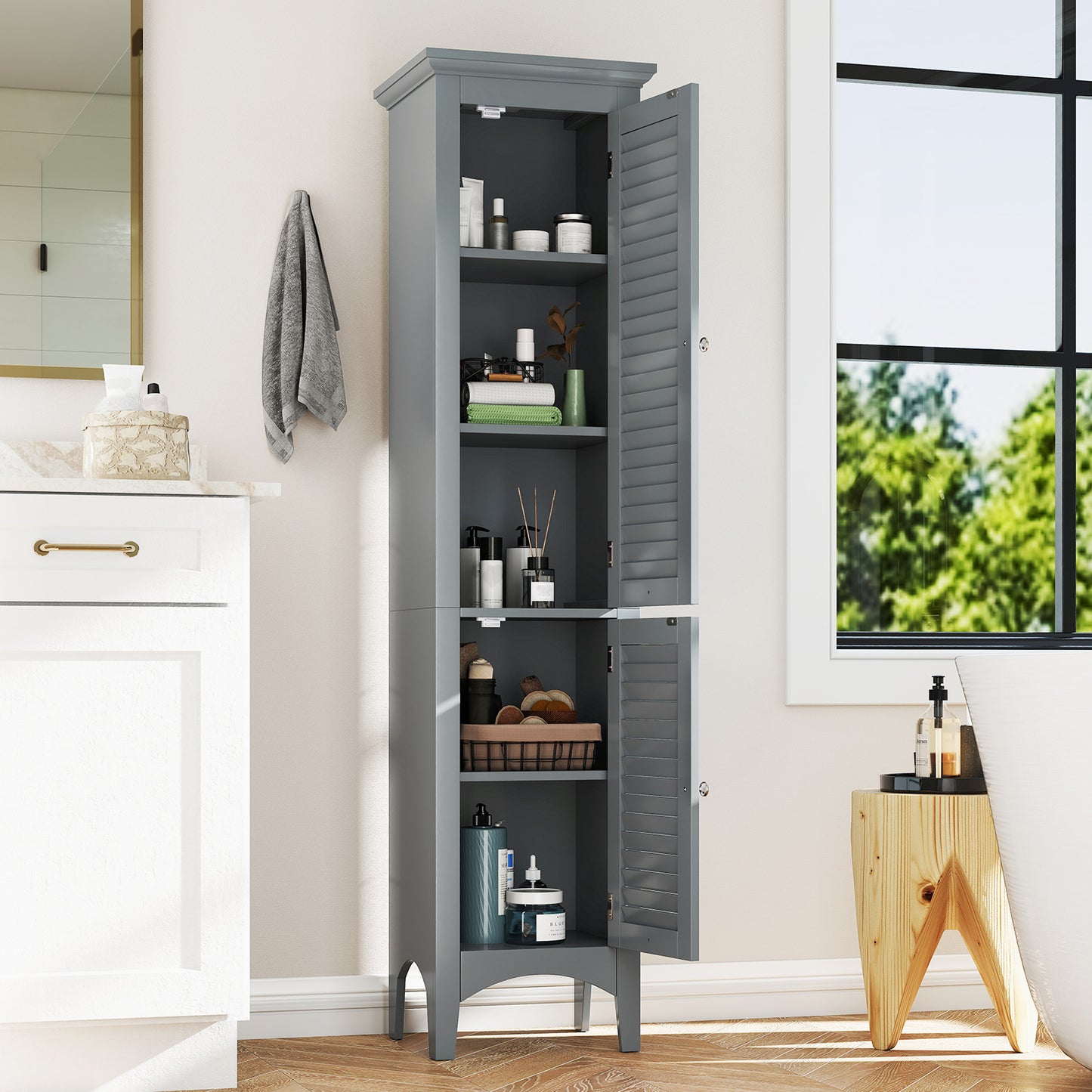 Tall Bathroom Floor Cabinet, Shutter Doors, Adjustable Shelf, Gray Floor Cabinets at Gallery Canada