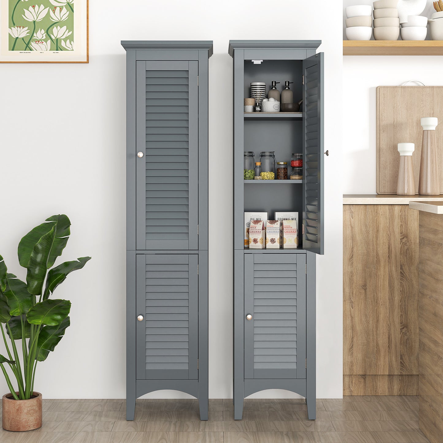 Tall Bathroom Floor Cabinet, Shutter Doors, Adjustable Shelf, Gray Floor Cabinets at Gallery Canada