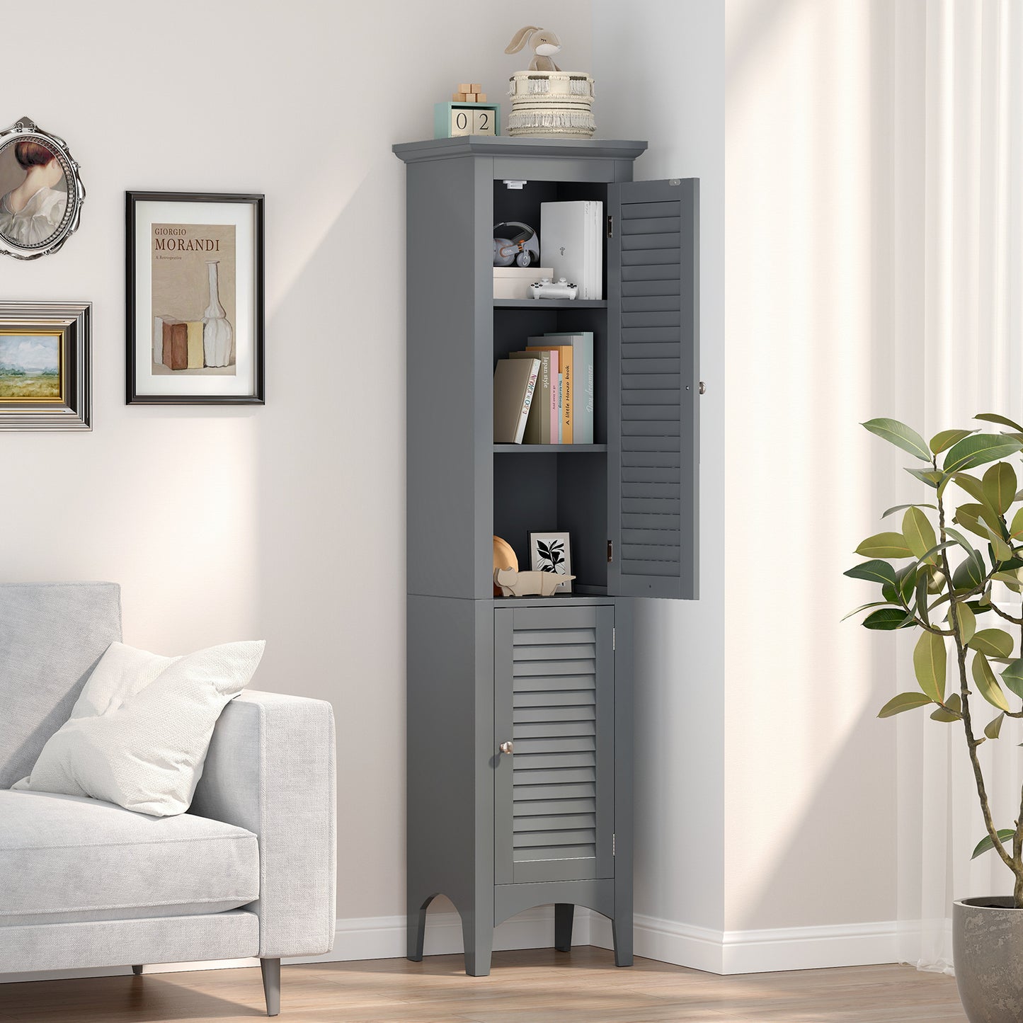 Tall Bathroom Floor Cabinet, Shutter Doors, Adjustable Shelf, Gray Floor Cabinets at Gallery Canada