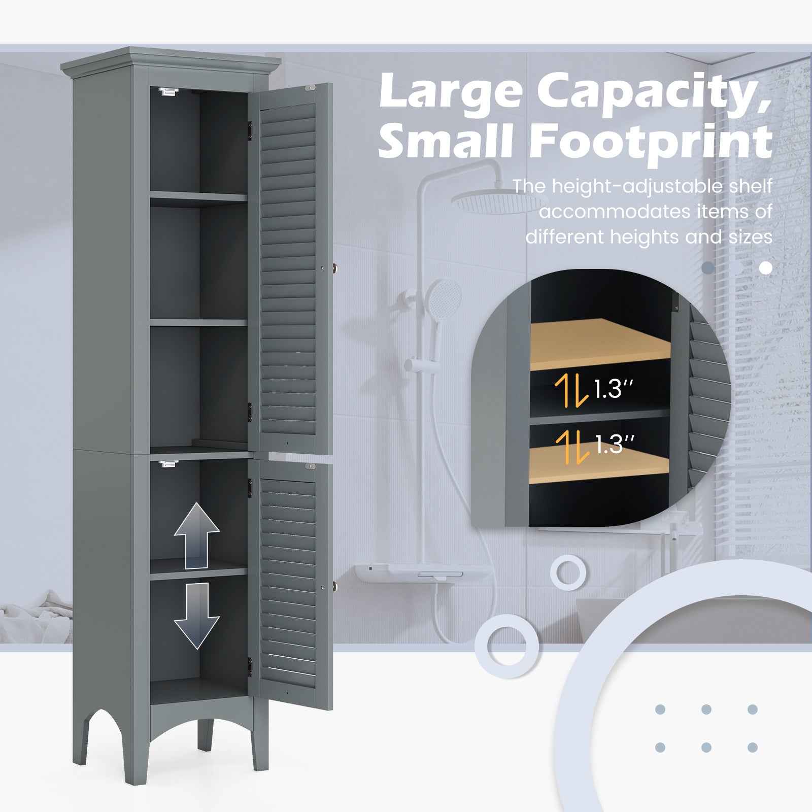 Tall Bathroom Floor Cabinet, Shutter Doors, Adjustable Shelf, Gray Floor Cabinets at Gallery Canada