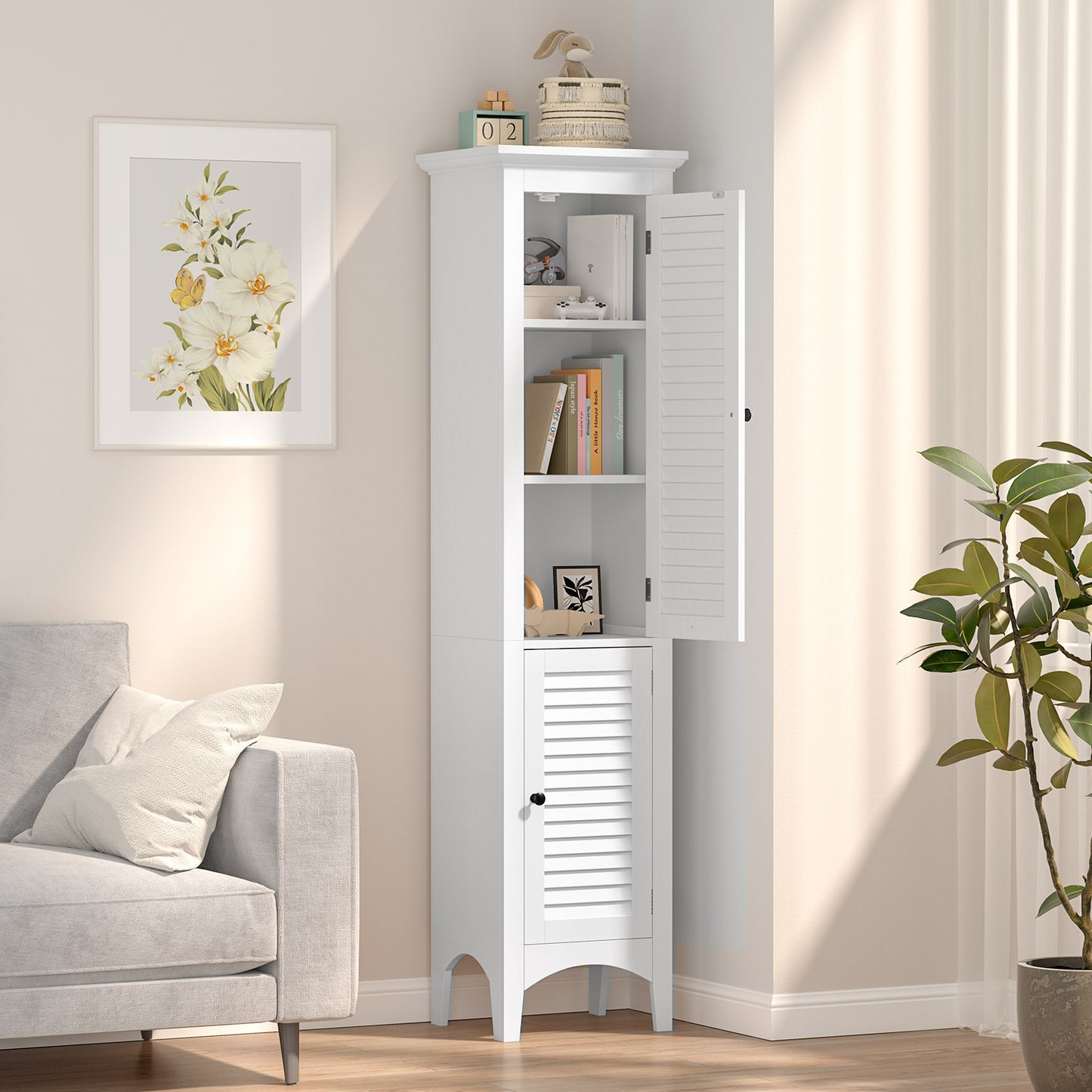Tall Bathroom Floor Cabinet, Shutter Doors, Adjustable Shelf, White Floor Cabinets at Gallery Canada
