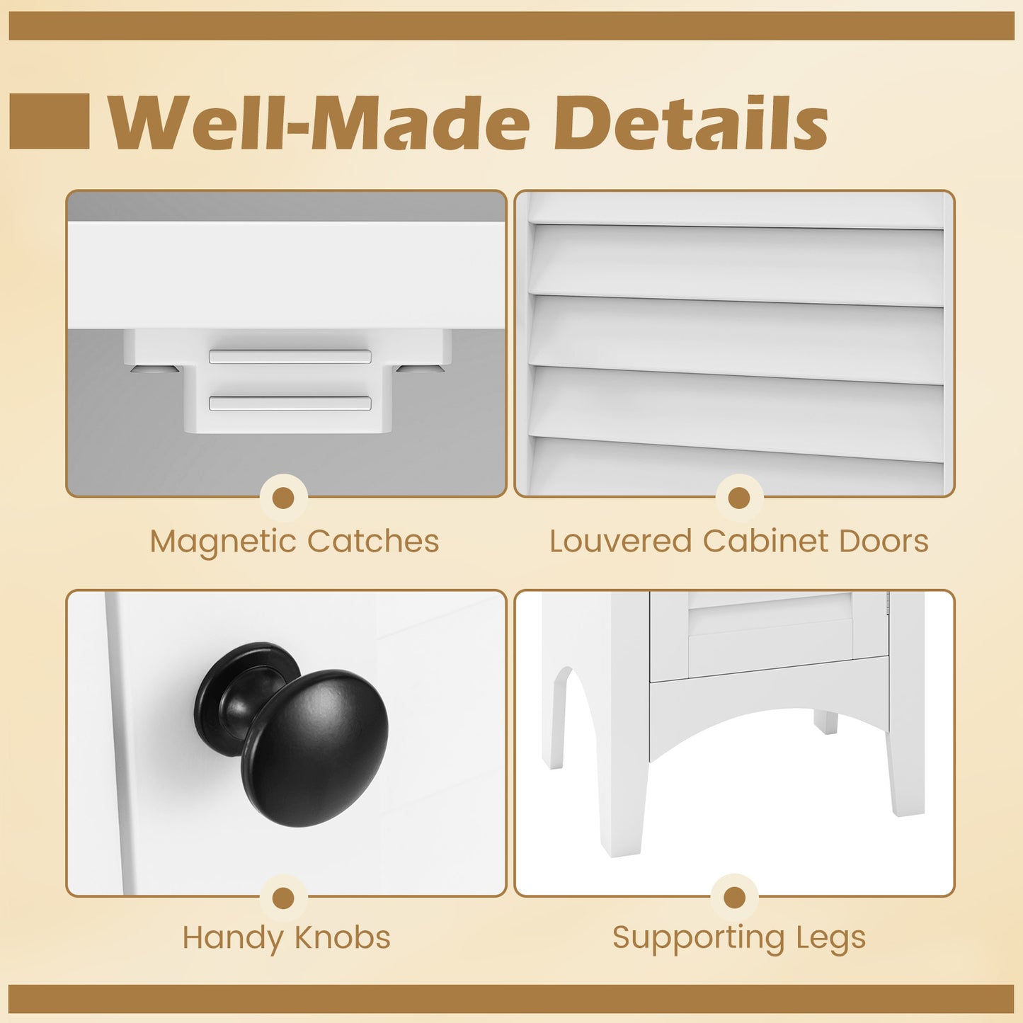Tall Bathroom Floor Cabinet, Shutter Doors, Adjustable Shelf, White Floor Cabinets at Gallery Canada