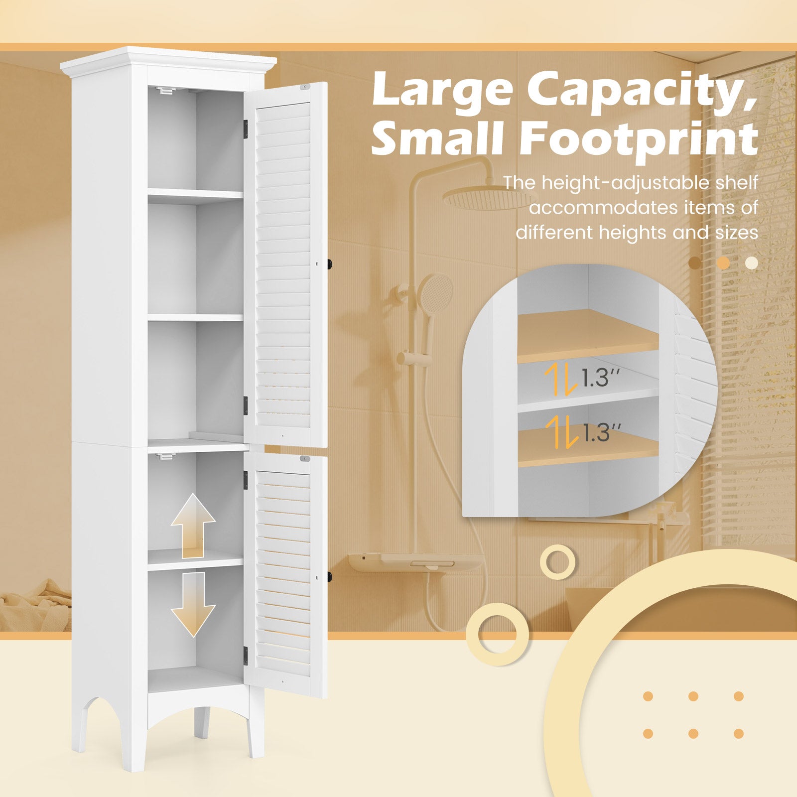 Tall Bathroom Floor Cabinet, Shutter Doors, Adjustable Shelf, White Floor Cabinets at Gallery Canada