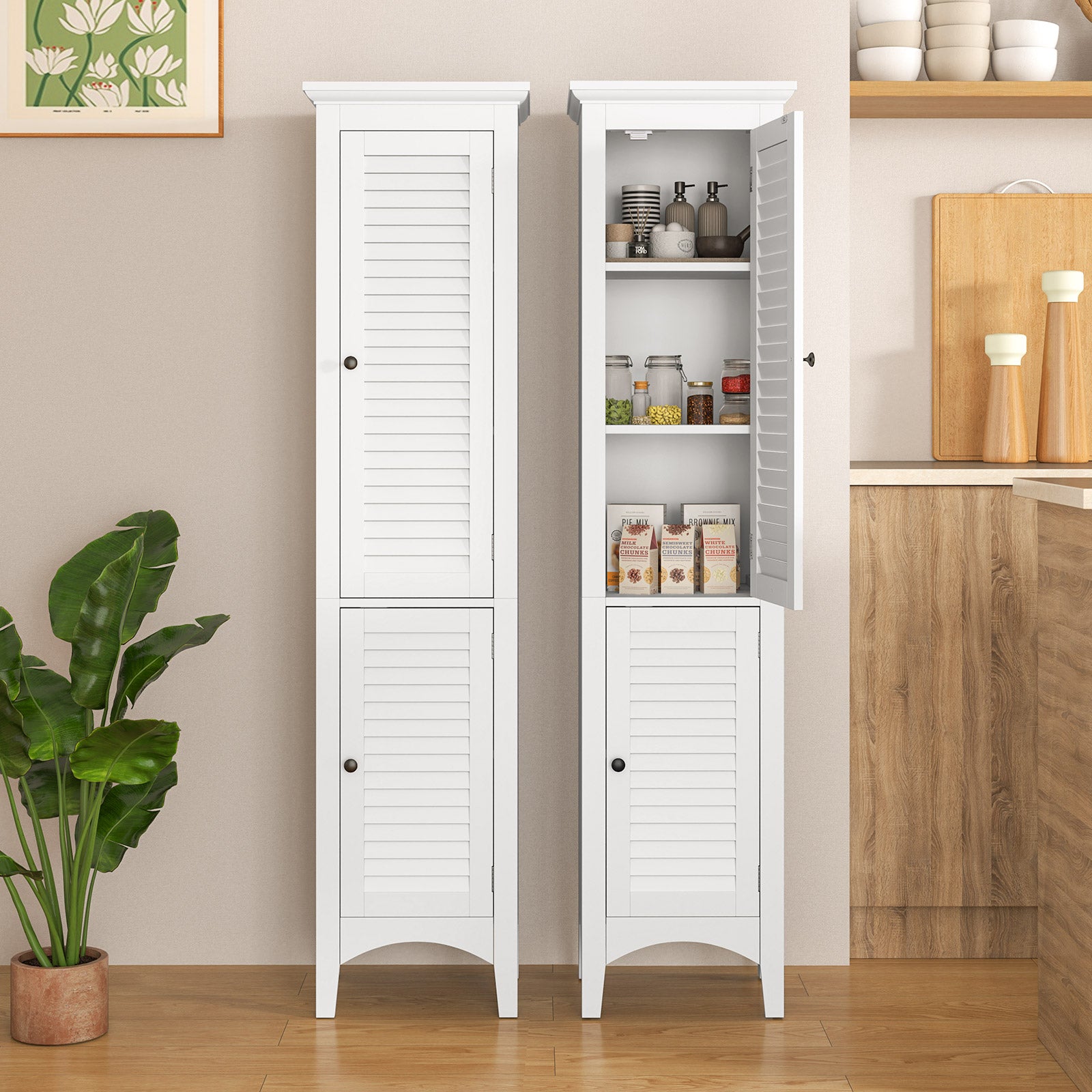 Tall Bathroom Floor Cabinet, Shutter Doors, Adjustable Shelf, White Floor Cabinets at Gallery Canada