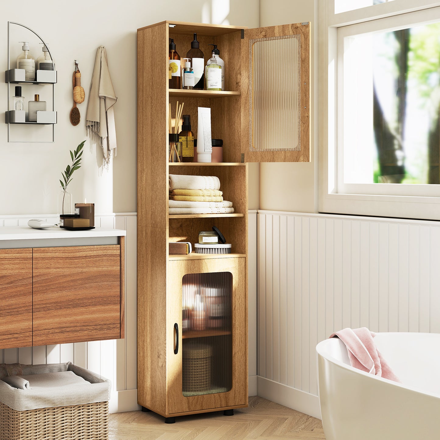 Tall Bathroom Storage Cabinet 67 In, Freestanding Organizer, Natural Floor Cabinets at Gallery Canada