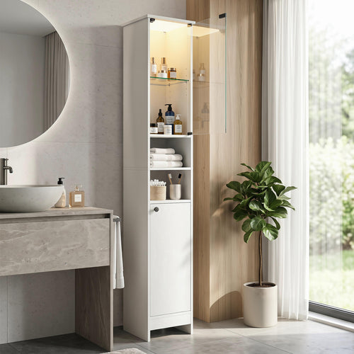Tall Bathroom Cabinet with LED Lights, Adjustable Shelves, White