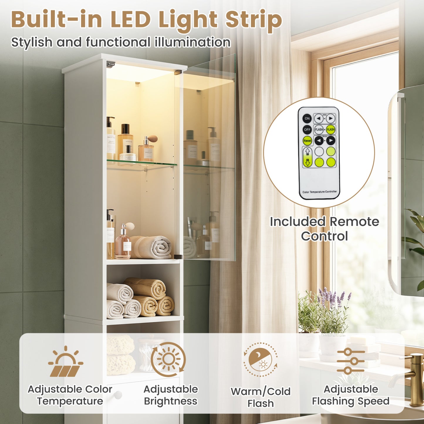 Tall Bathroom Cabinet with LED Lights, Adjustable Shelves, White