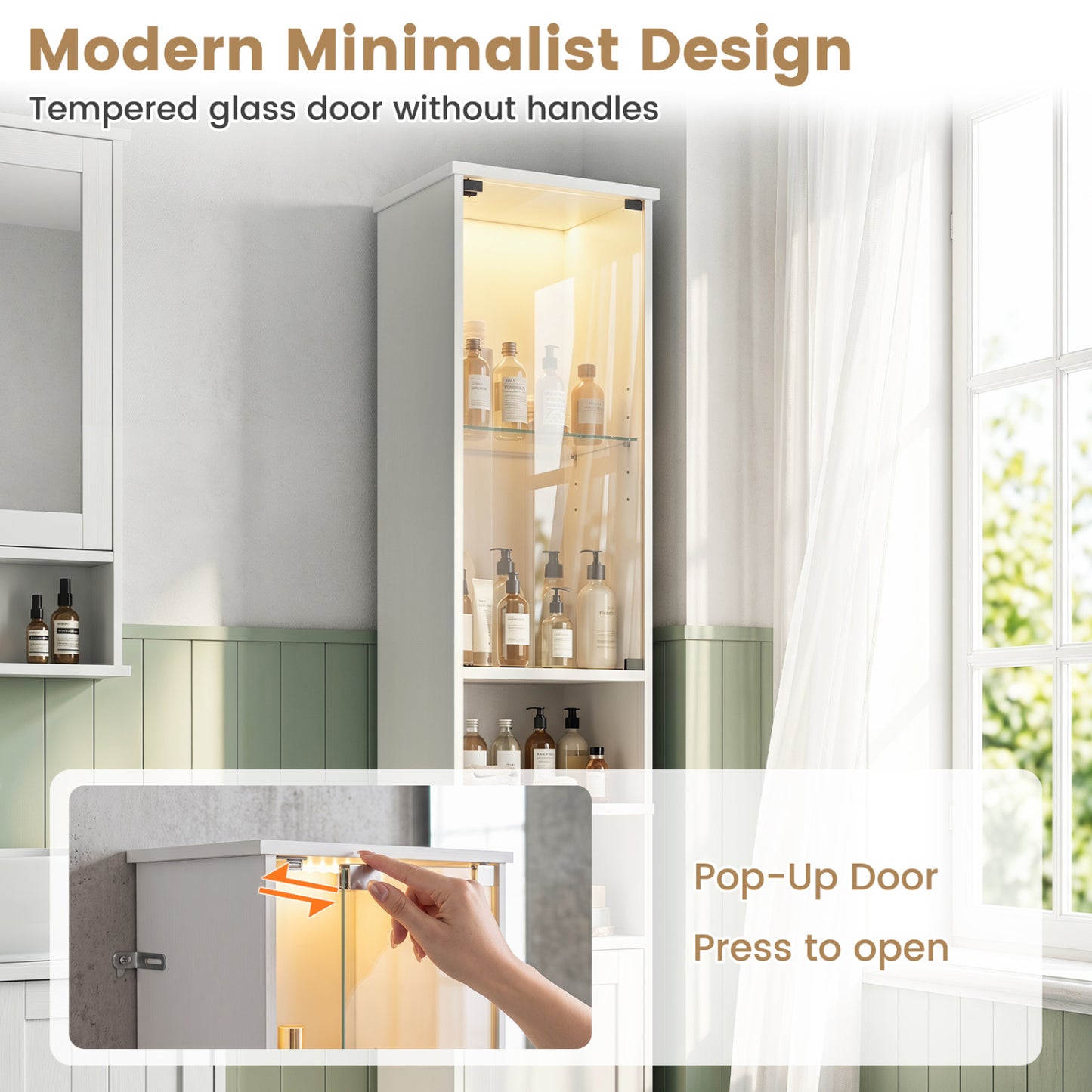 Tall Bathroom Cabinet with LED Lights, Adjustable Shelves, White