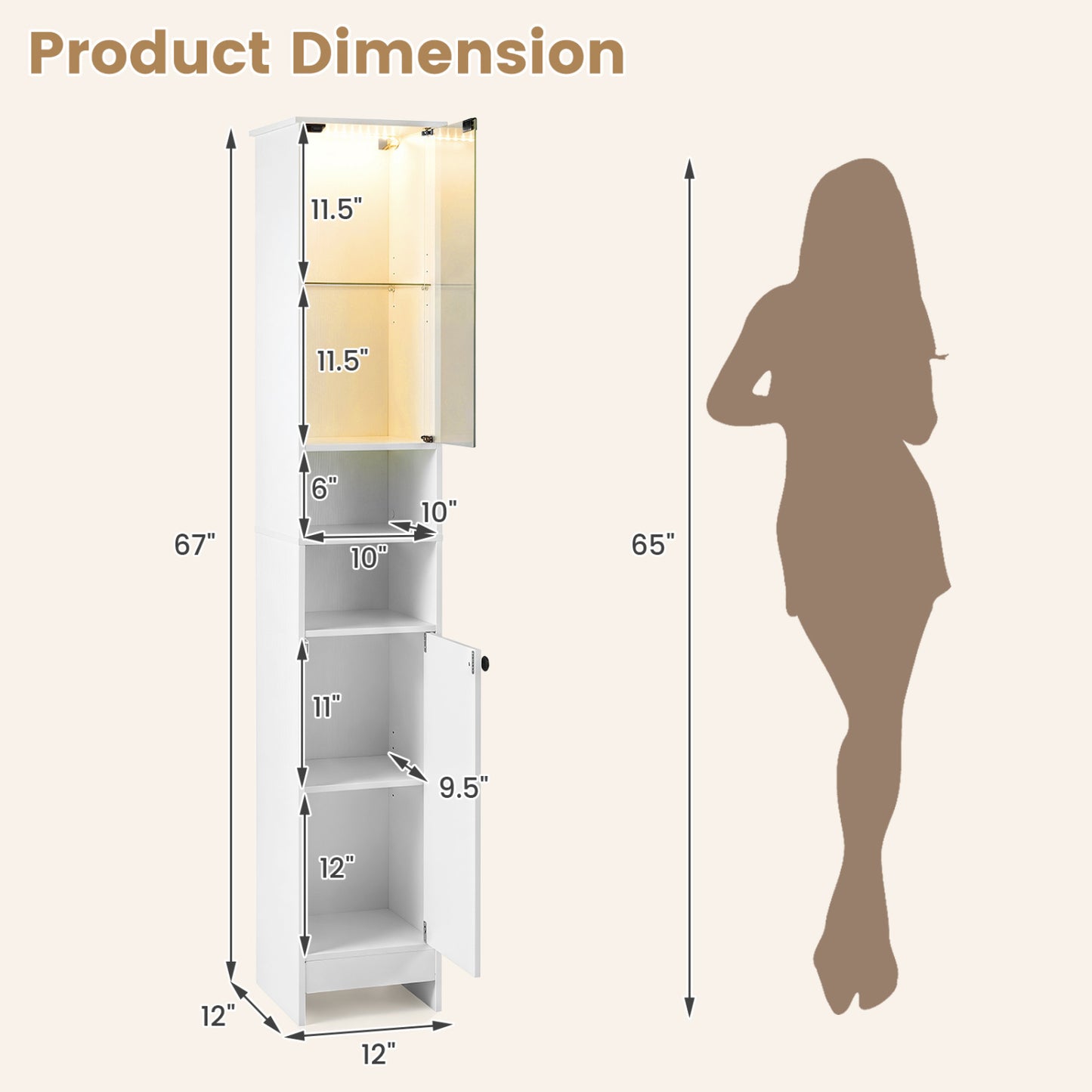 Tall Bathroom Cabinet with LED Lights, Adjustable Shelves, White
