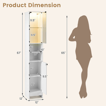 Tall Bathroom Cabinet with LED Lights, Adjustable Shelves, White