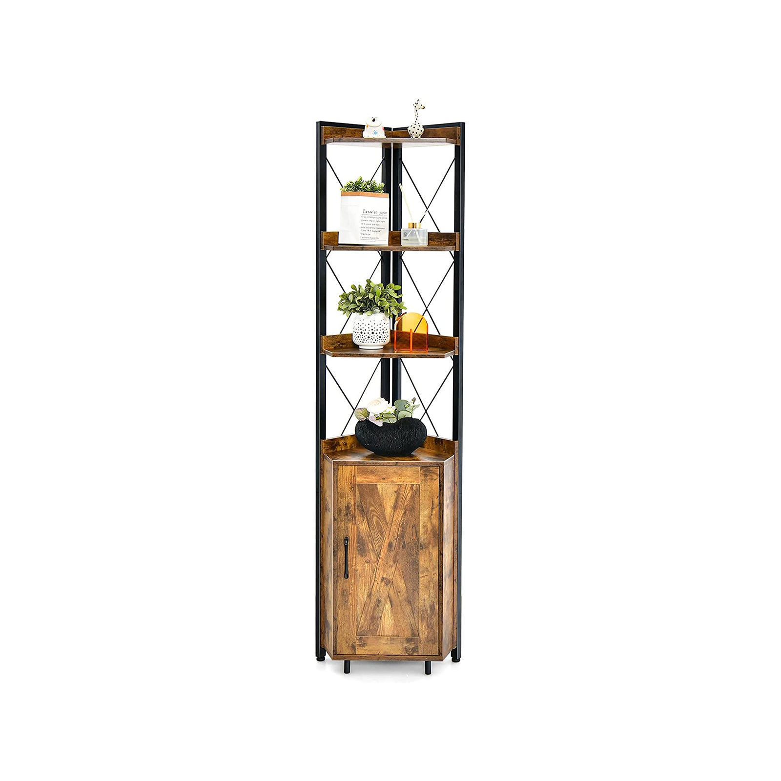 Tall Corner Storage Cabinet, 3-Tier Shelf, Rustic Brown Bookcases at Gallery Canada