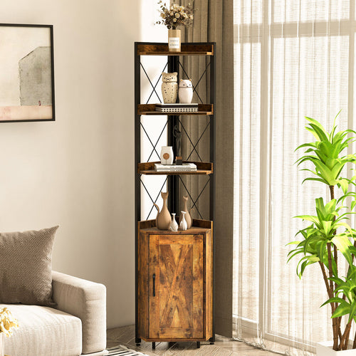 Tall Corner Storage Cabinet, 3-Tier Shelf, Rustic Brown