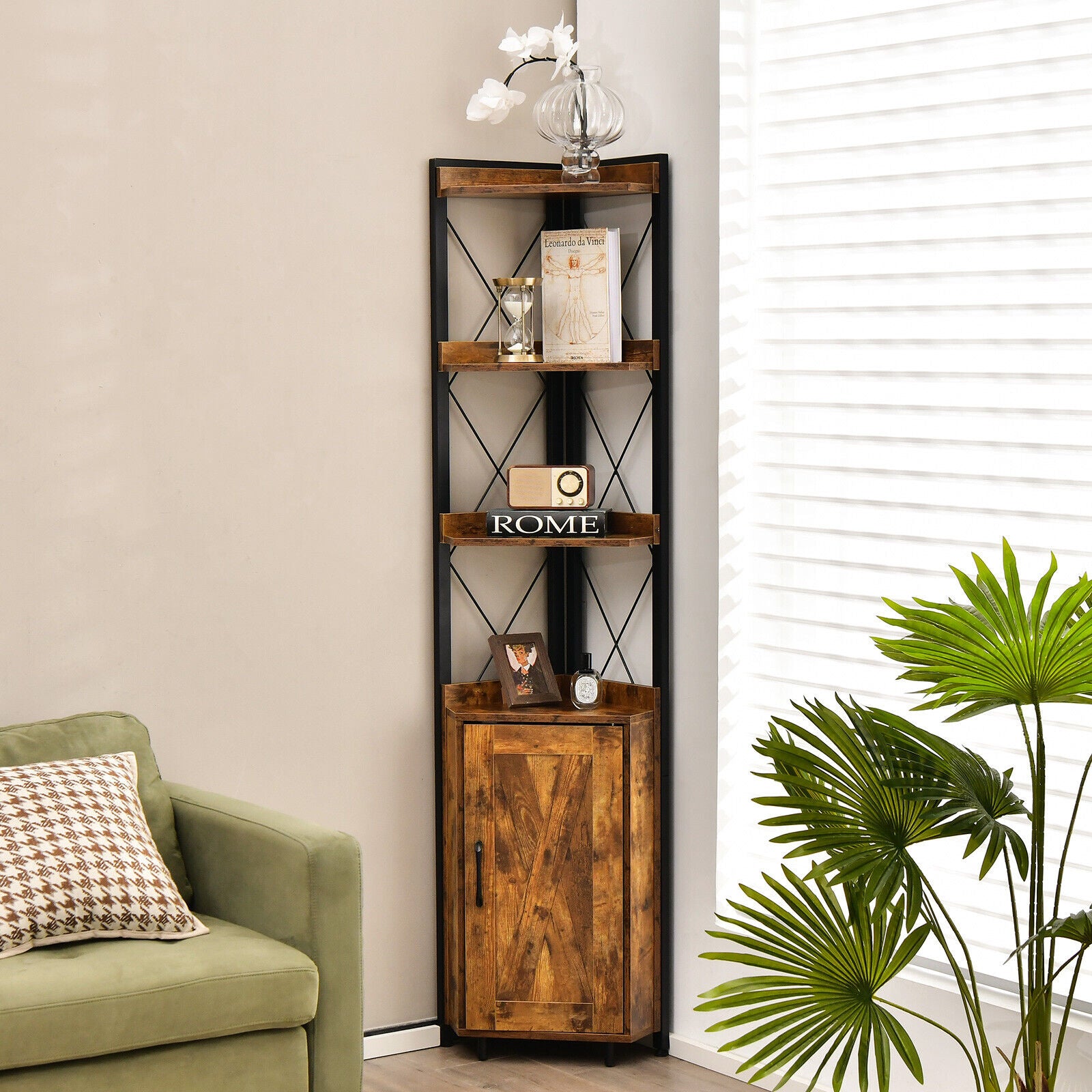 Tall Corner Storage Cabinet, 3-Tier Shelf, Rustic Brown Bookcases at Gallery Canada