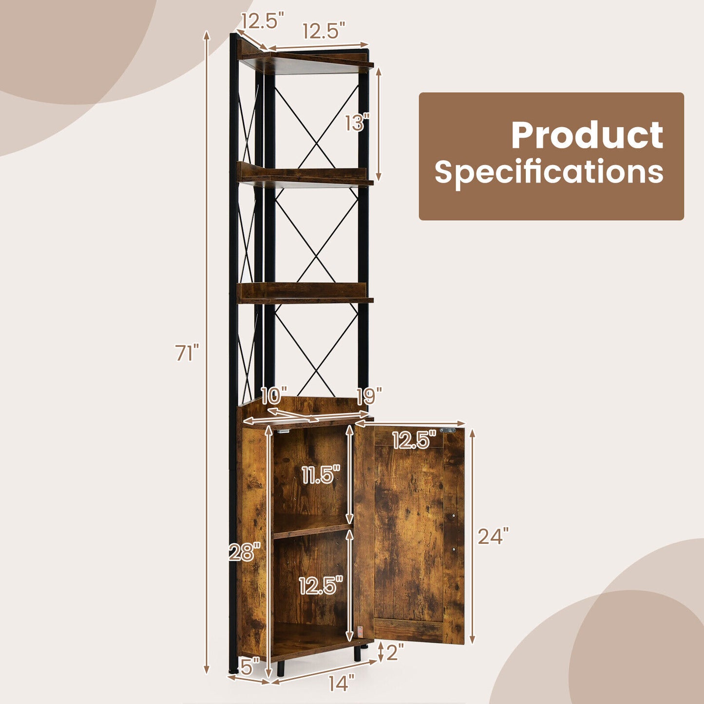 Tall Corner Storage Cabinet, 3-Tier Shelf, Rustic Brown Bookcases at Gallery Canada