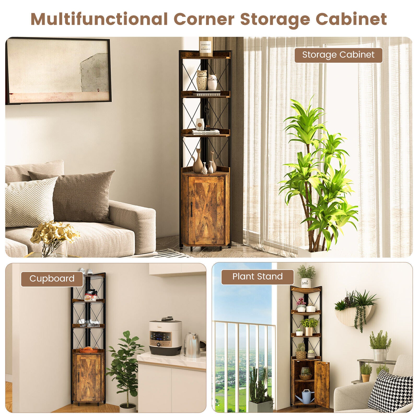 Tall Corner Storage Cabinet, 3-Tier Shelf, Rustic Brown Bookcases at Gallery Canada
