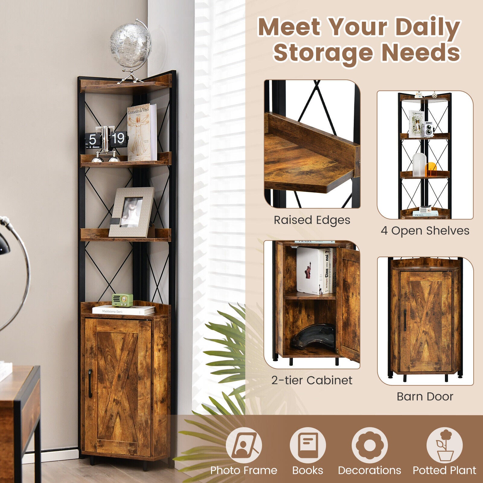 Tall Corner Storage Cabinet, 3-Tier Shelf, Rustic Brown Bookcases at Gallery Canada