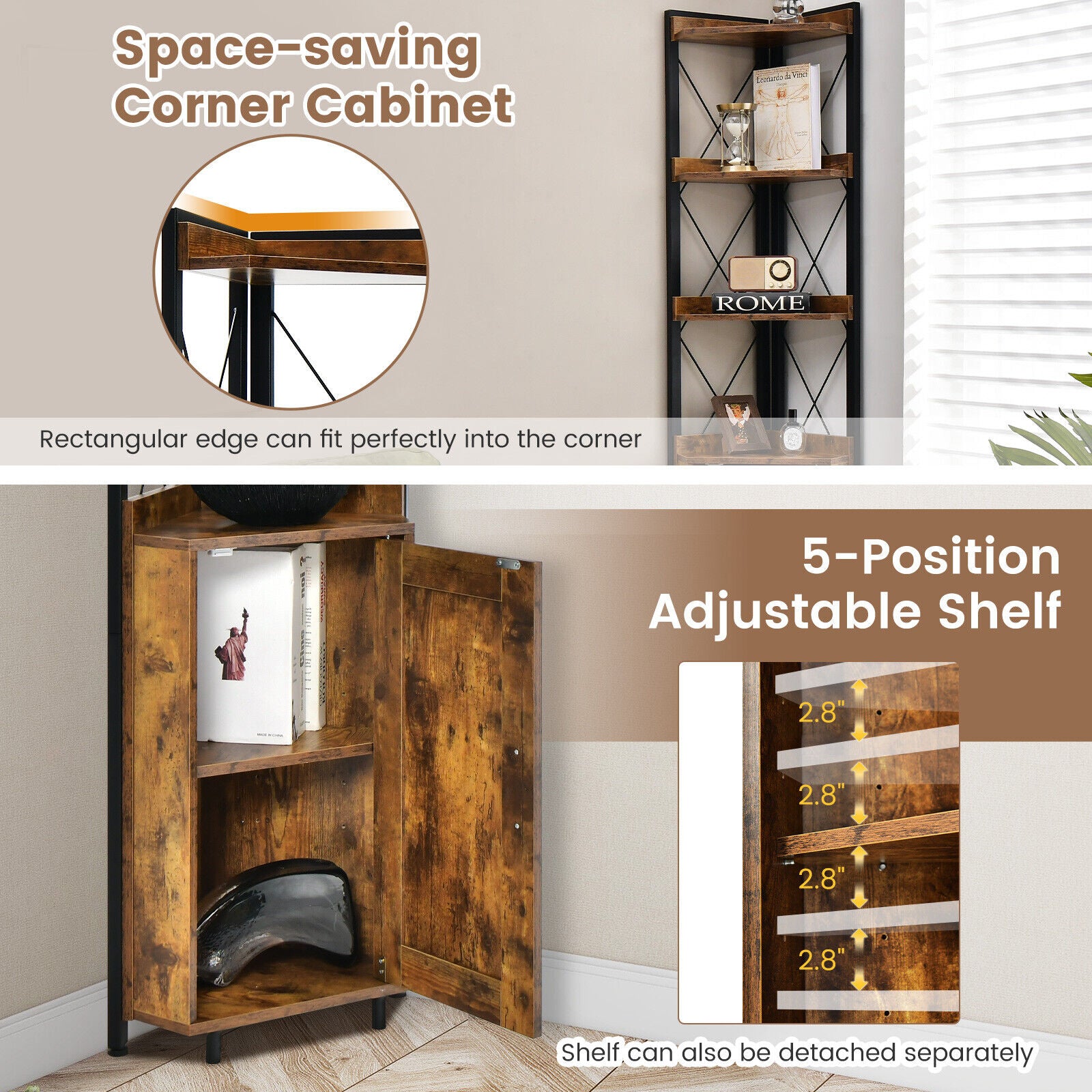 Tall Corner Storage Cabinet, 3-Tier Shelf, Rustic Brown Bookcases at Gallery Canada