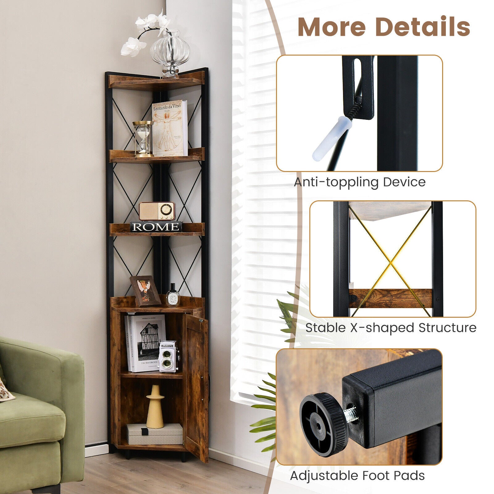 Tall Corner Storage Cabinet, 3-Tier Shelf, Rustic Brown Bookcases at Gallery Canada
