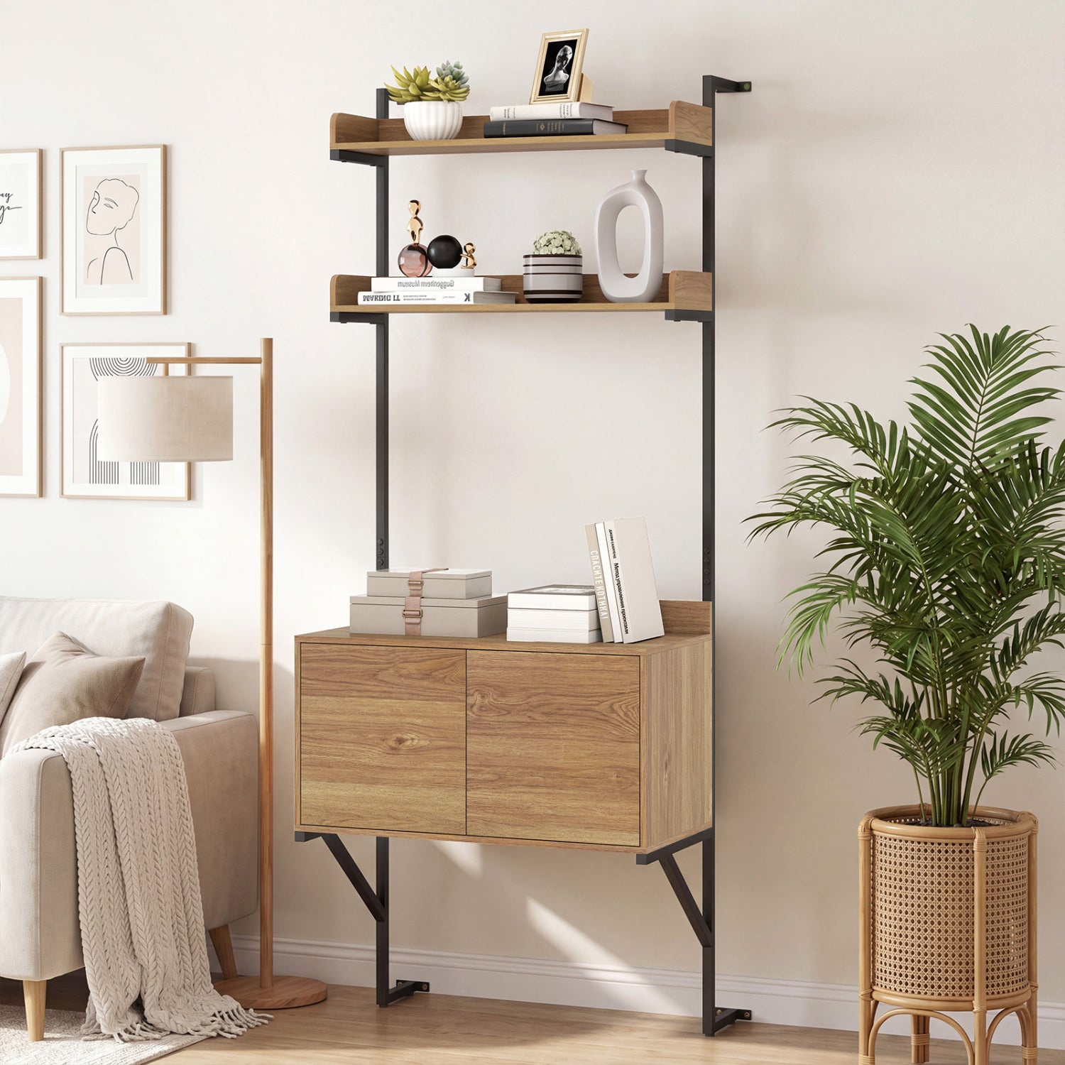 Tall Ladder Shelf With Storage Cabinet, Natural Bookcases at Gallery Canada