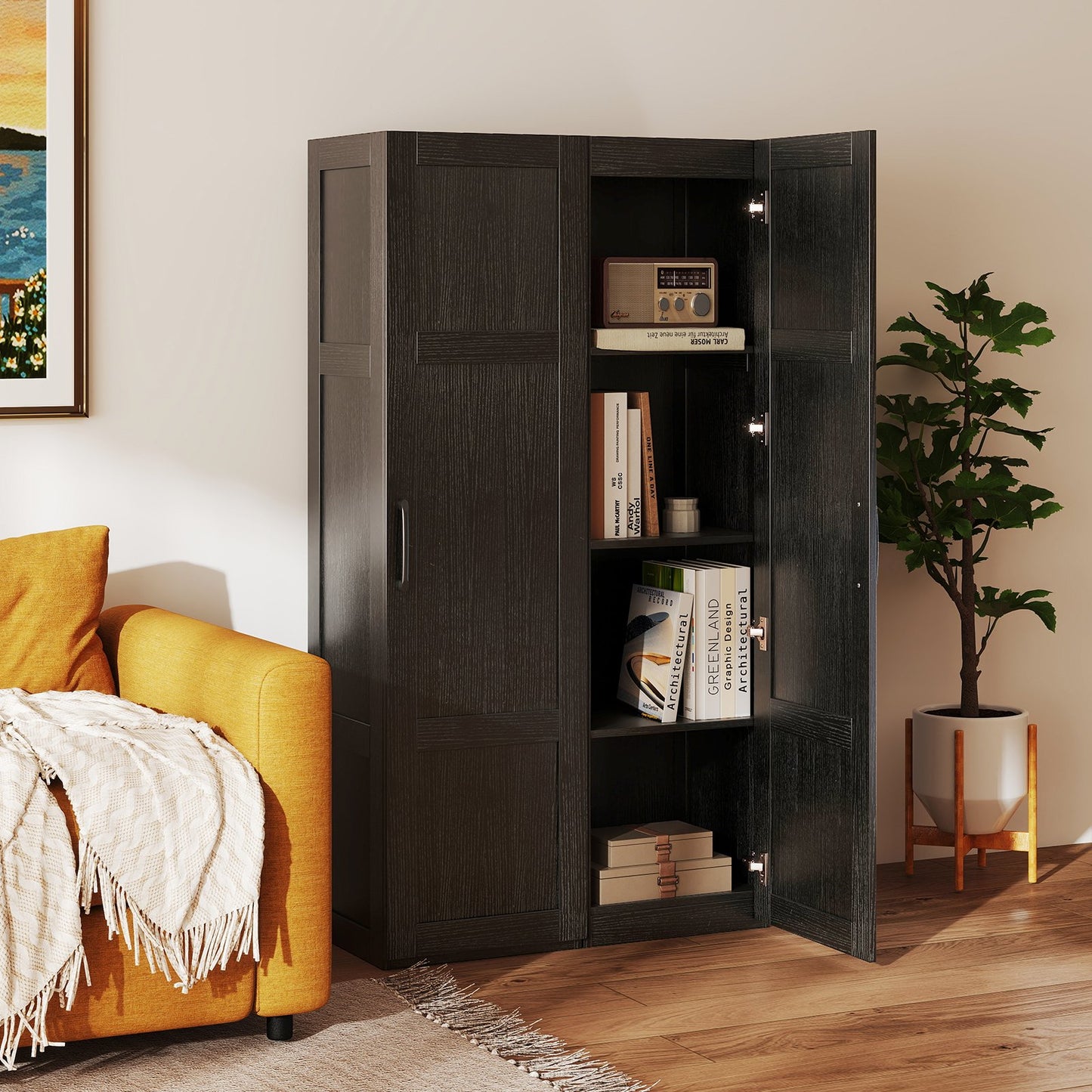 Tall Storage Cabinet with 4 Storage Shelves for Bathroom Living Room, Black Floor Cabinets at Gallery Canada