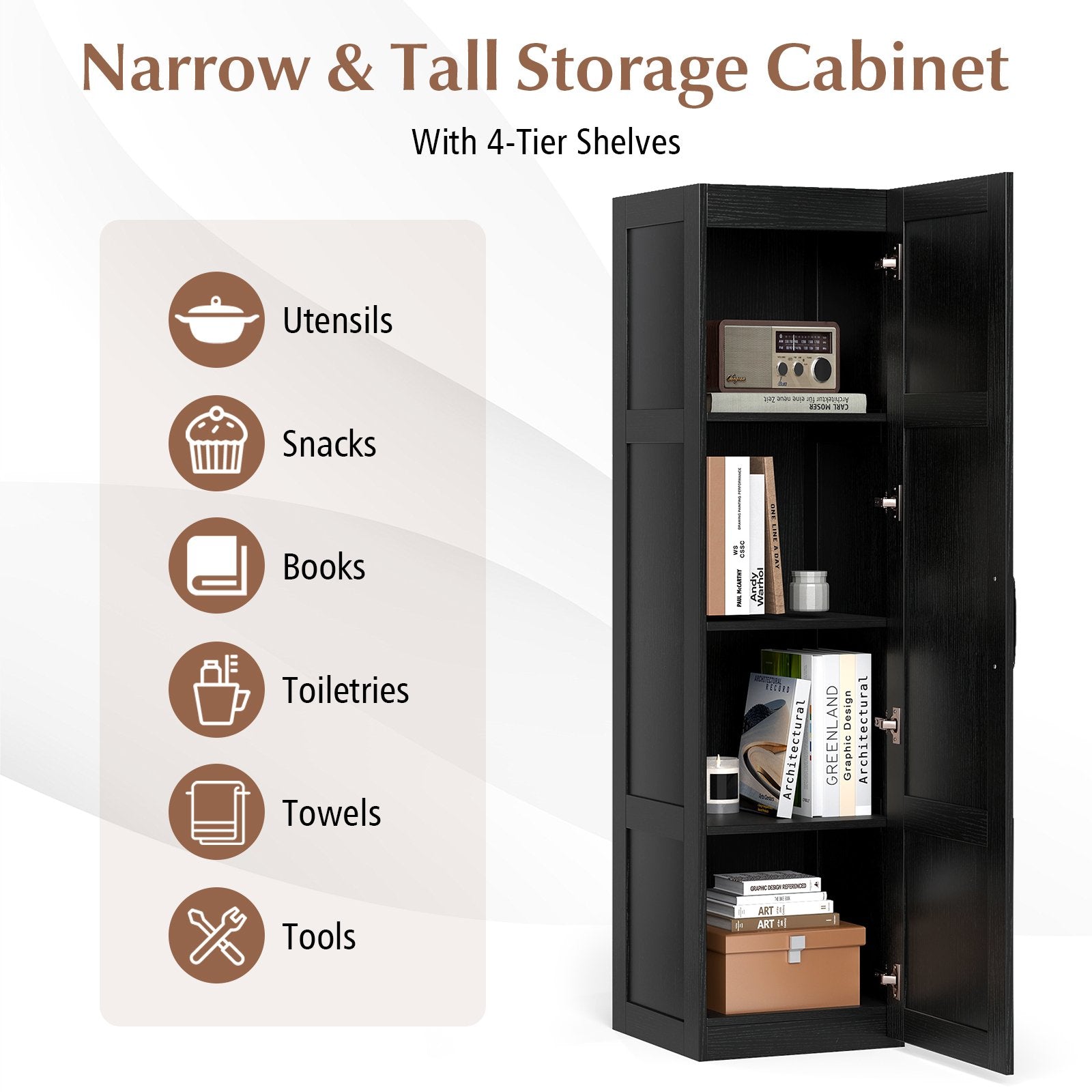 Tall Storage Cabinet with 4 Storage Shelves for Bathroom Living Room, Black Floor Cabinets at Gallery Canada