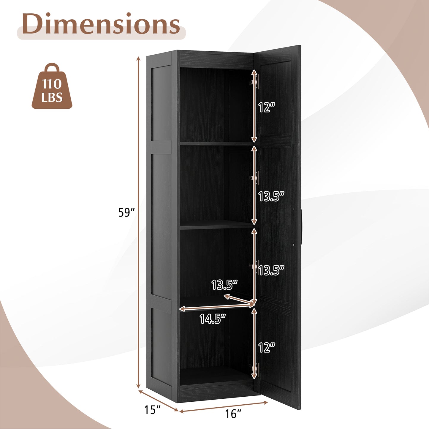 Tall Storage Cabinet, 4 Shelves, Bathroom Living Room, Black Floor Cabinets at Gallery Canada