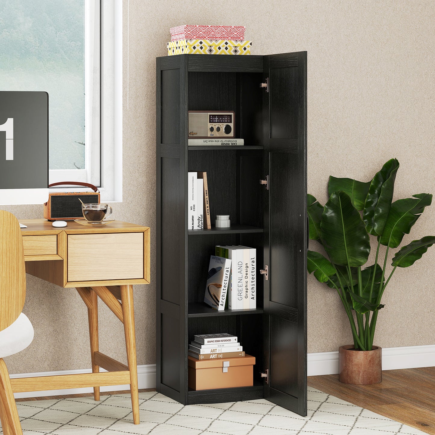 Tall Storage Cabinet, 4 Shelves, Bathroom Living Room, Black Floor Cabinets at Gallery Canada