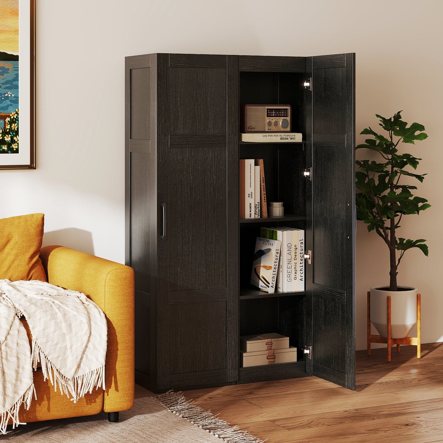 Tall Storage Cabinet, 4 Shelves, Bathroom Living Room, Black Floor Cabinets at Gallery Canada