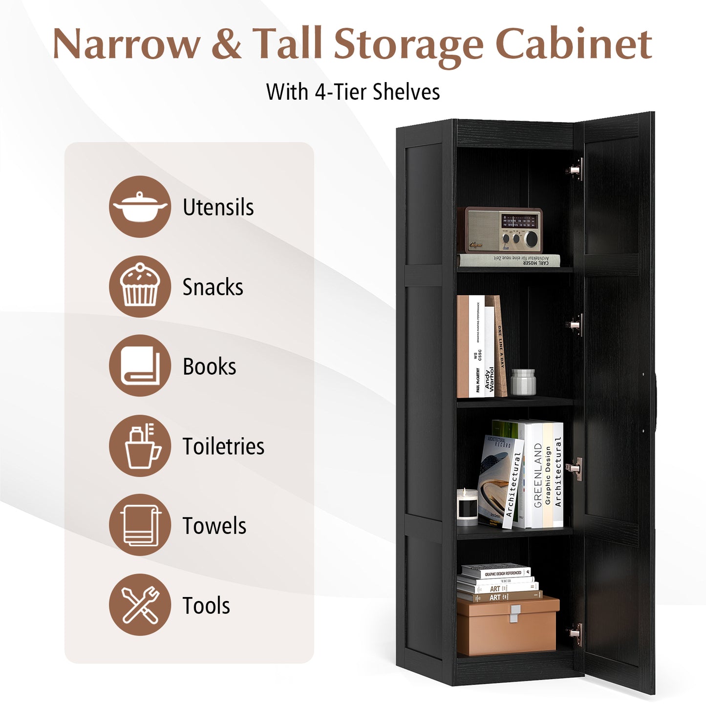Tall Storage Cabinet, 4 Shelves, Bathroom Living Room, Black Floor Cabinets at Gallery Canada
