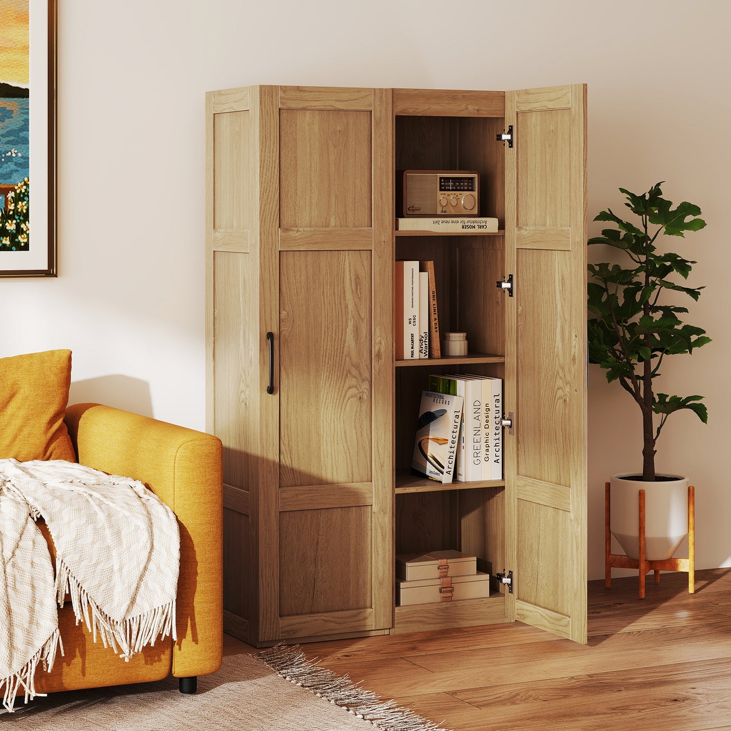 Tall Storage Cabinet with 4 Storage Shelves for Bathroom Living Room, Natural Floor Cabinets at Gallery Canada